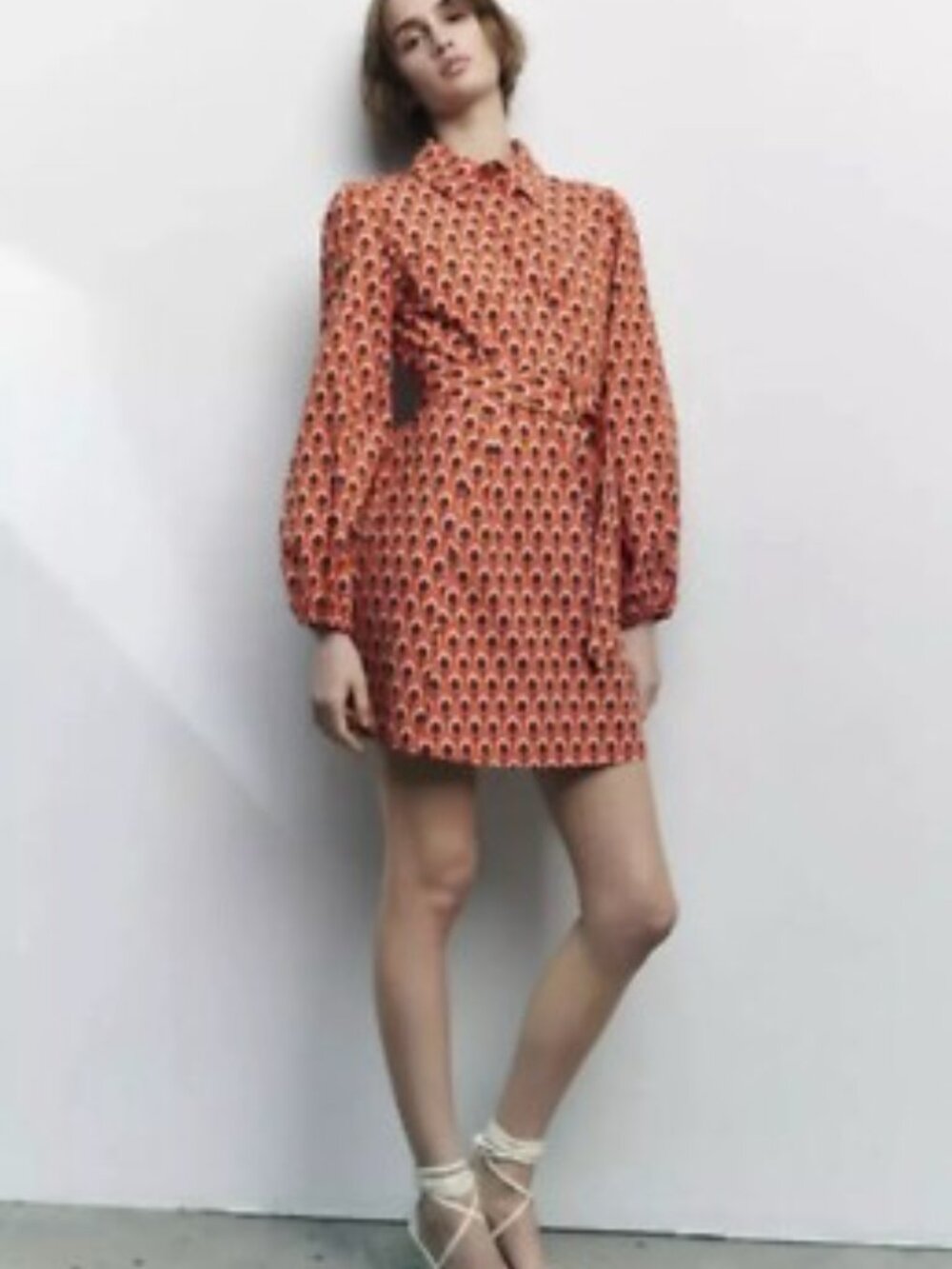 ZARA Brigitte Print Belted Cotton Shirt Dress - Size XS